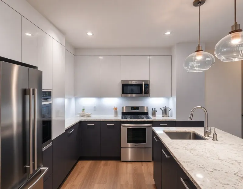 Modern kitchen with integrated smart appliances and ambient lighting