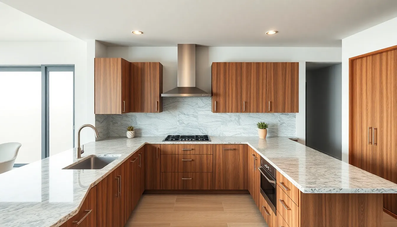 Spacious L-shaped kitchen with granite countertops, wooden cabinets, and a corner sink placement
