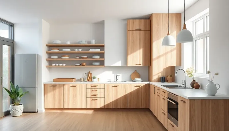 Scandinavian kitchen with natural wood cabinetry and open shelving