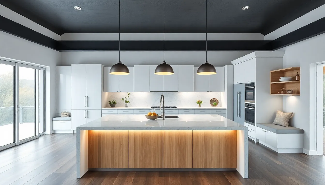 Modern kitchen with a large island, pendant lighting, and built-in seating