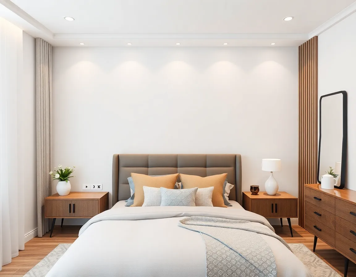 Bedroom design visualization showing mixed complementary furniture pieces