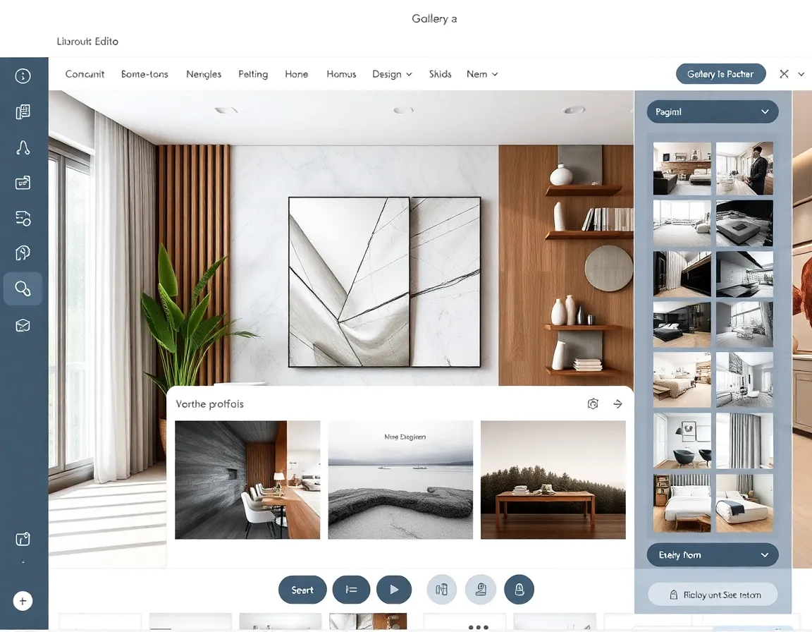 Gallery-Unno interface showing the drag-and-drop layout editor with a photography portfolio being arranged