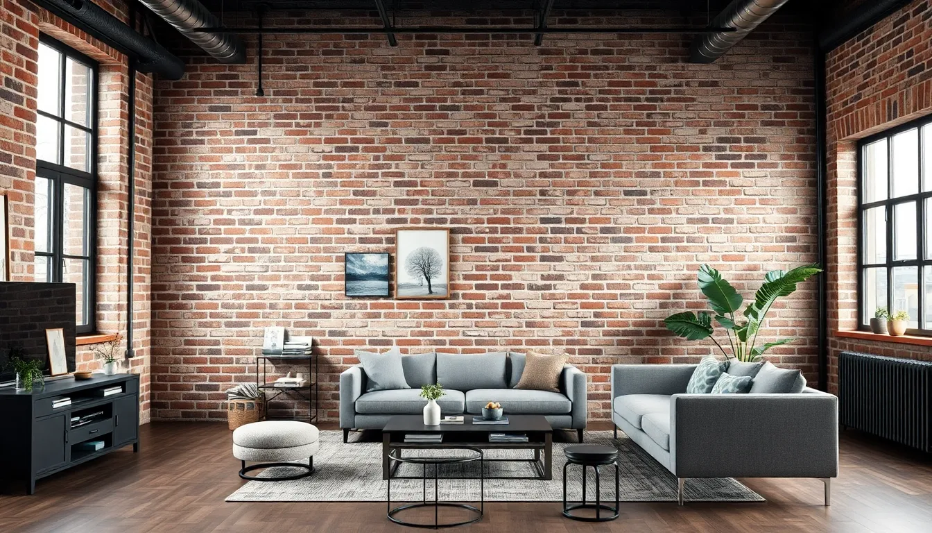 Exposed brick wall in an industrial-style loft with modern furniture