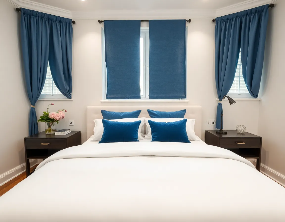Bedroom with white walls featuring blue textiles including duvet cover, throw pillows, and window treatments
