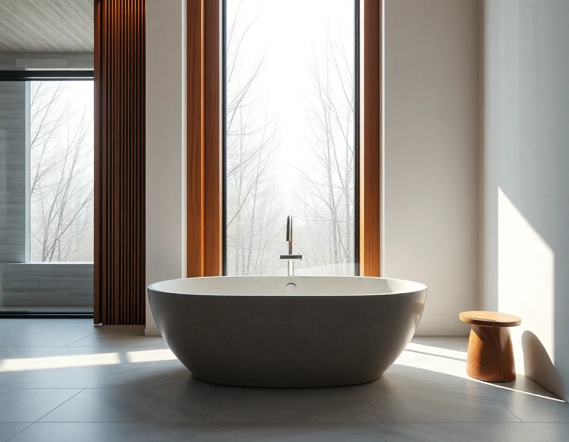 Freestanding stone bathtub next to large window with natural wood accents