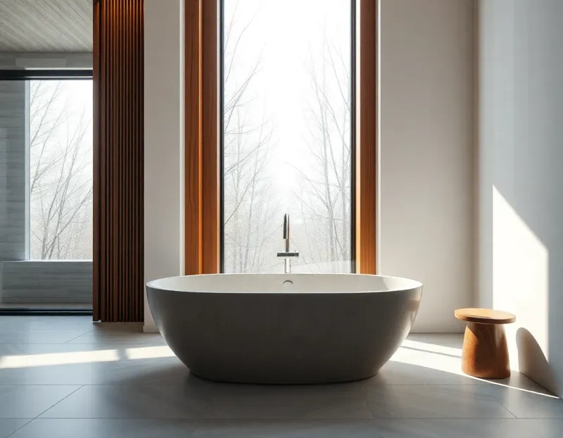 Freestanding stone bathtub next to large window with natural wood accents