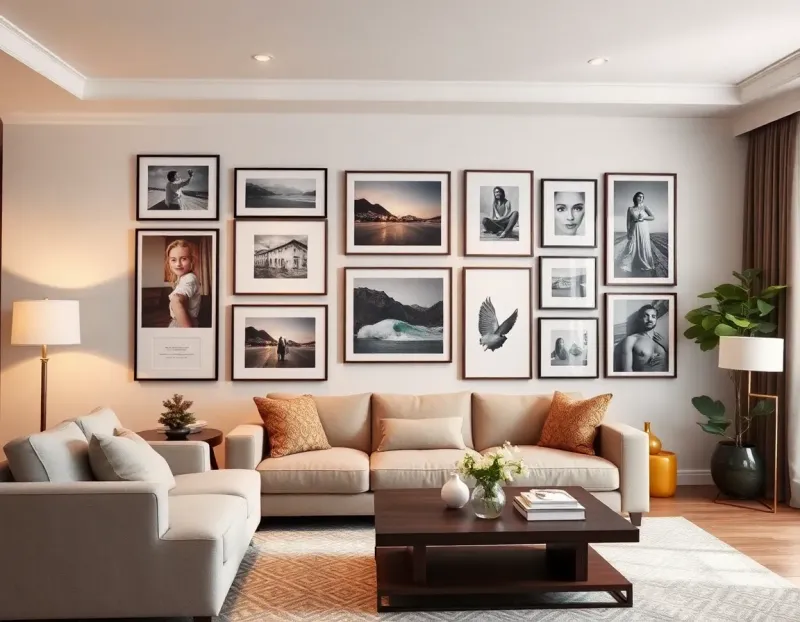 Beautiful gallery wall with professionally arranged artwork and photographs in a modern living room