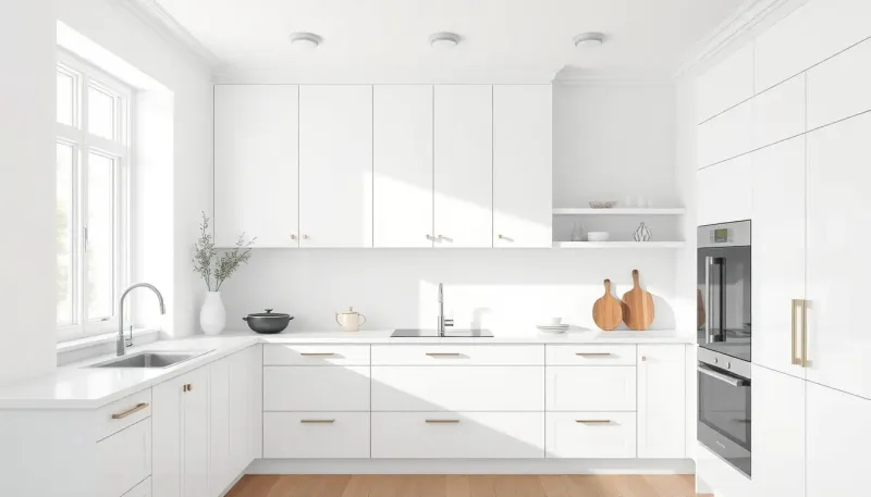 Clean white flat-front cabinets in minimalist Scandinavian kitchen