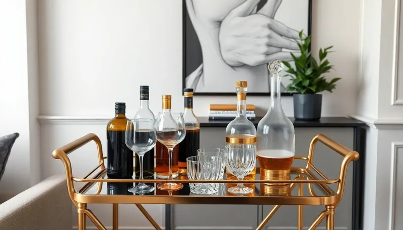Sleek bar cart setup with glasses, spirits, and gold-rimmed decanters in a stylish living room corner