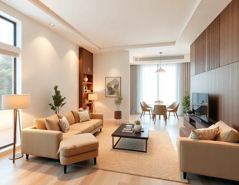 3D view of a living room design created in Floorplanner showing furniture placement and lighting