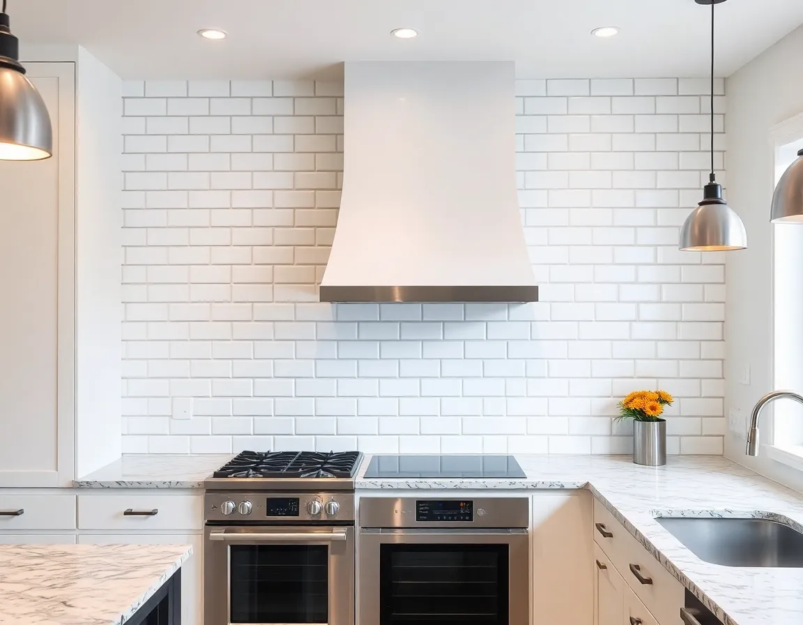 White subway tile backsplash with contrasting dark grout in a modern kitchen