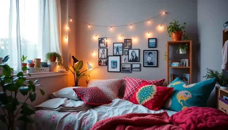 Cozy dorm room with string lights, plants, photos, and colorful throw pillows
