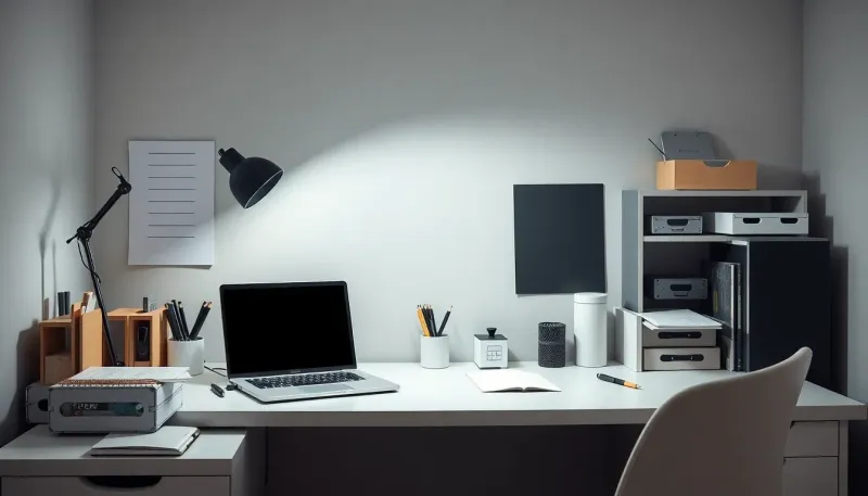 Well-organized dorm desk with laptop, desk lamp, organizers, and study supplies