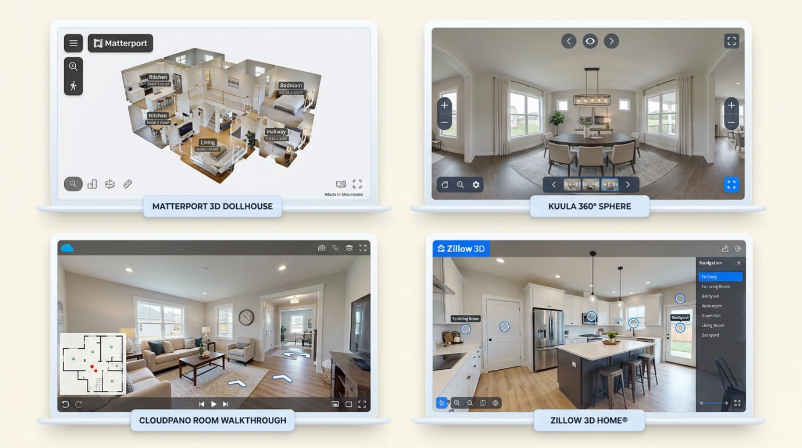 Four 360 virtual tour viewer styles side by side: Matterport dollhouse, Kuula 360 sphere, CloudPano walkthrough with floor plan, Zillow 3D hotspot tour