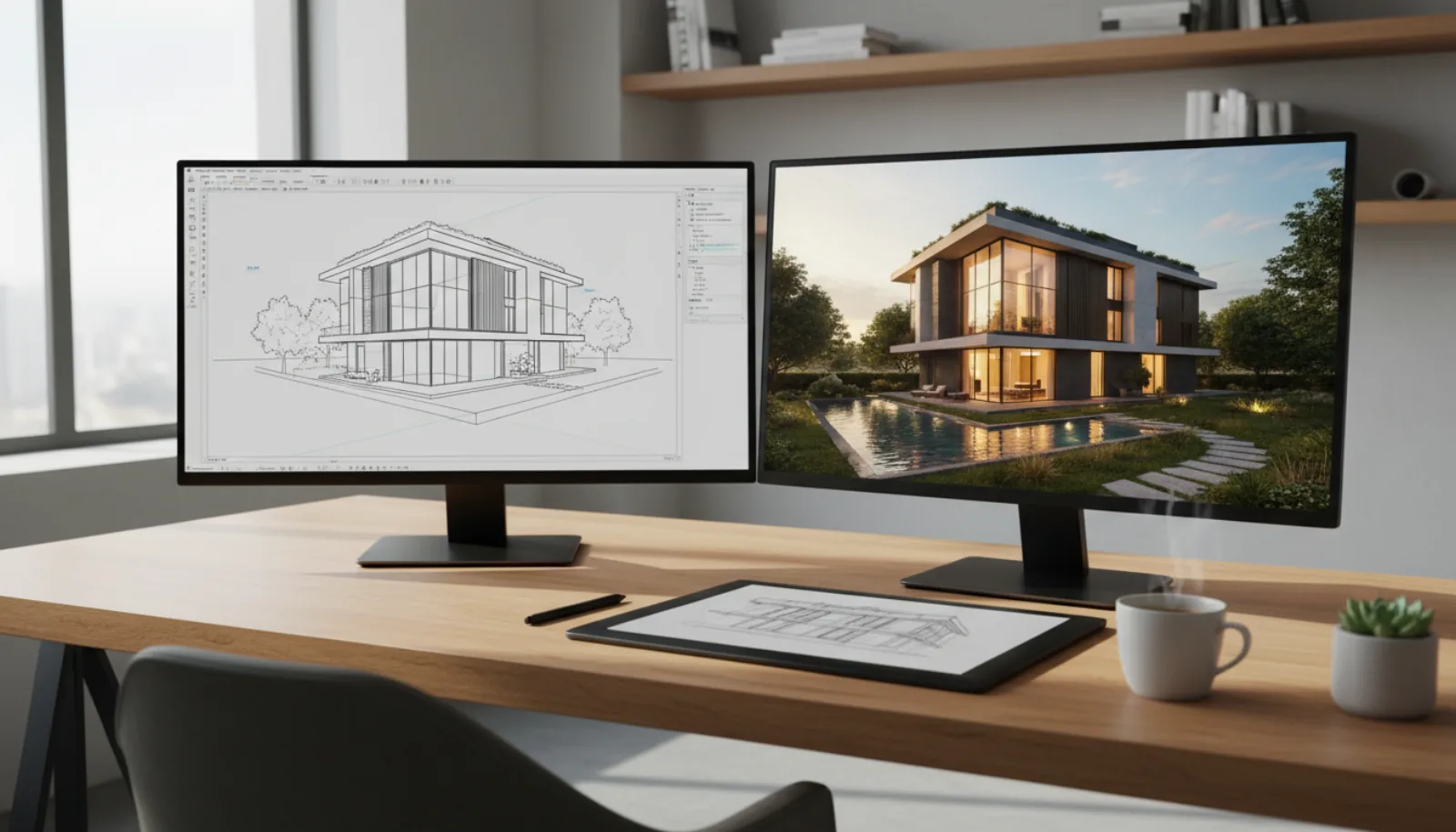 Architect's desk with two monitors: left shows a 3D wireframe CAD model, right shows the same building as a photorealistic AI rendering, with a digital drawing tablet in the foreground