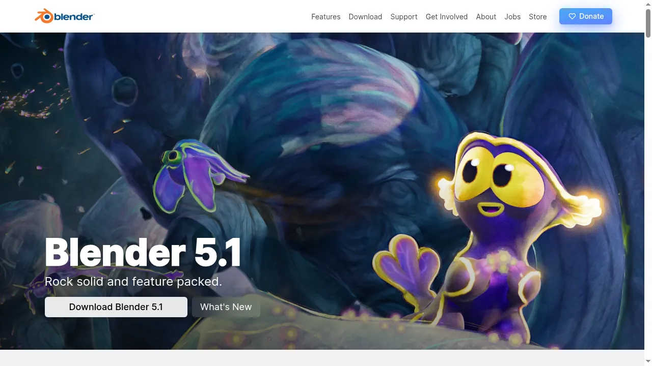 Blender homepage showing the free open-source 3D creation suite
