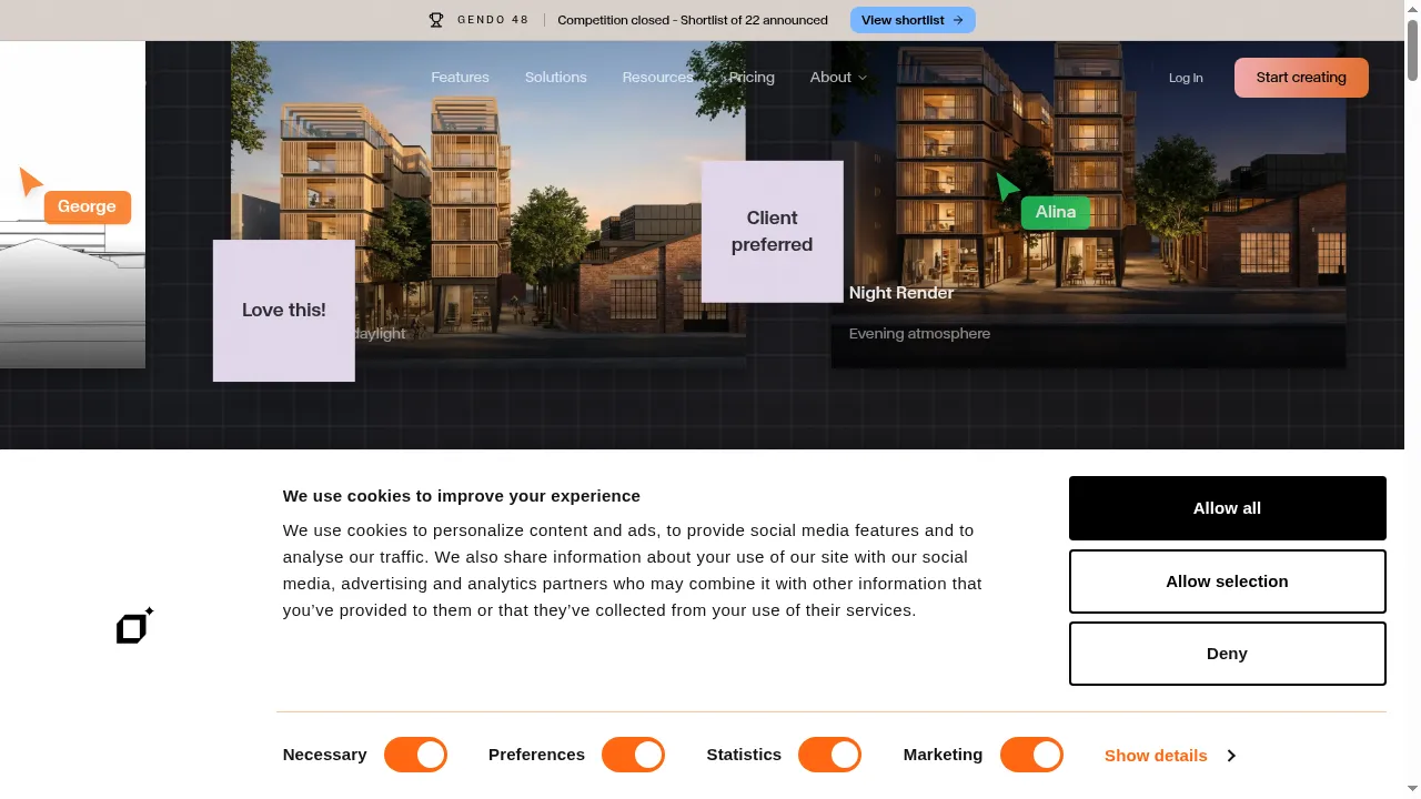 Gendo homepage showing the AI architectural visualization tool for sketches and 3D models
