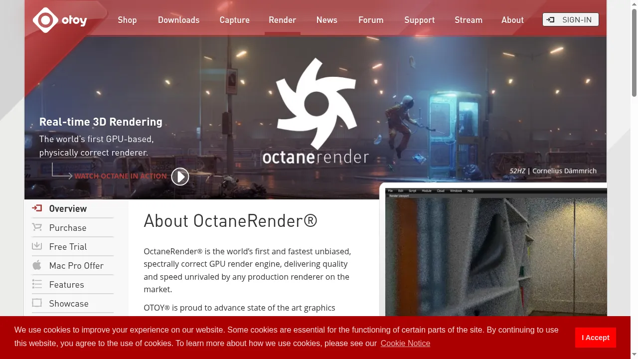 OTOY OctaneRender product page showing the GPU-accelerated photorealistic rendering software