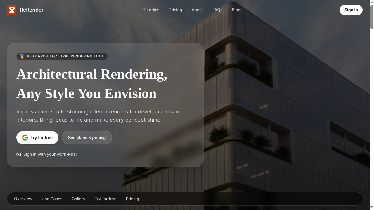 RerenderAI homepage showing AI photorealistic re-rendering of 3D models