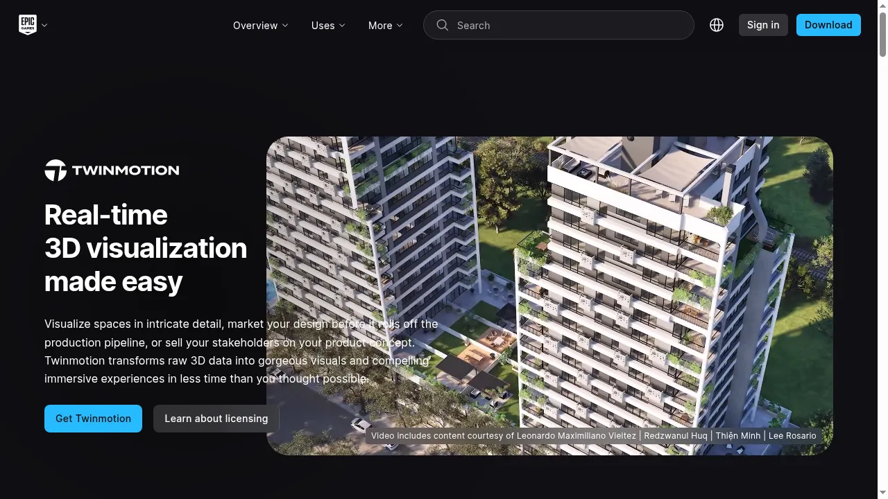 Twinmotion homepage showing the Unreal Engine-based architectural visualization tool