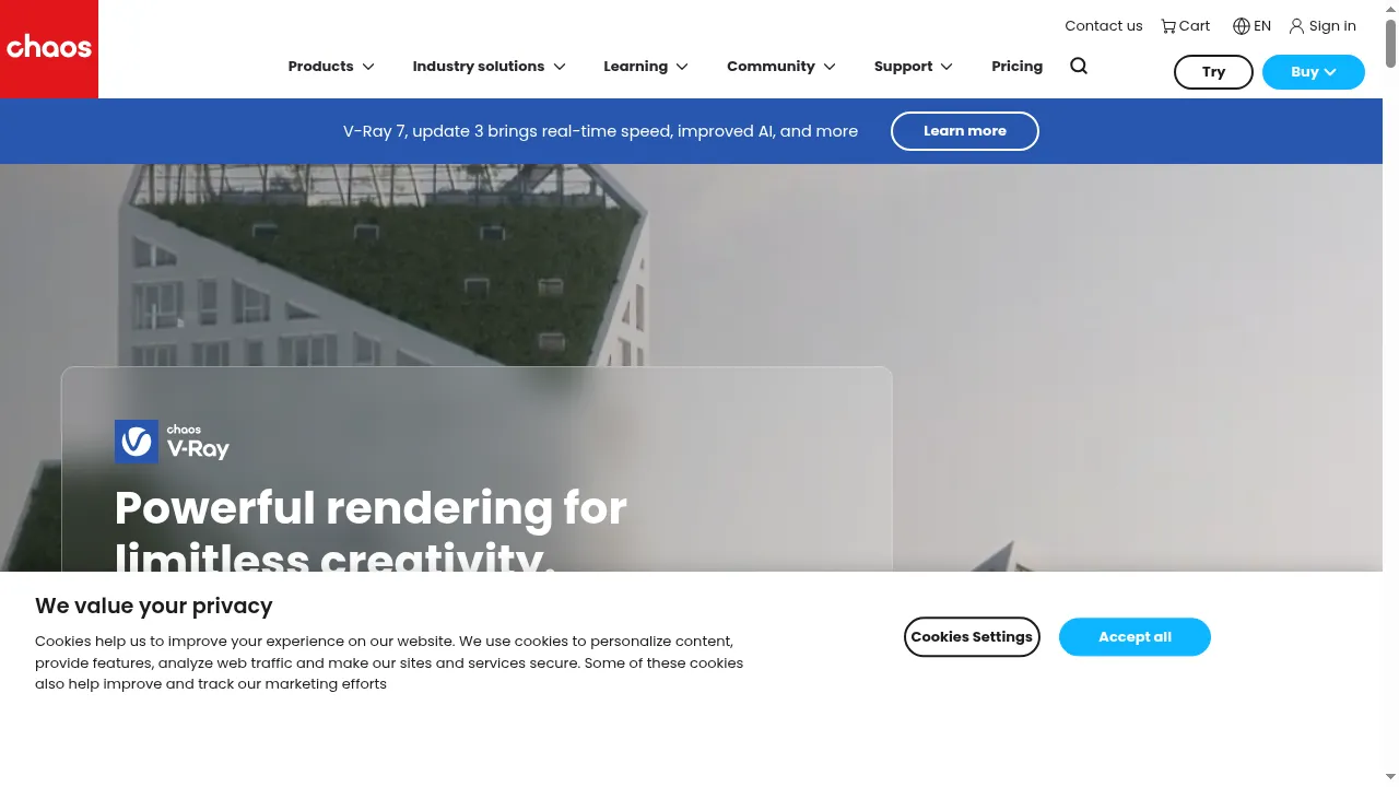 Chaos V-Ray product page showing the photorealistic ray-tracing rendering engine