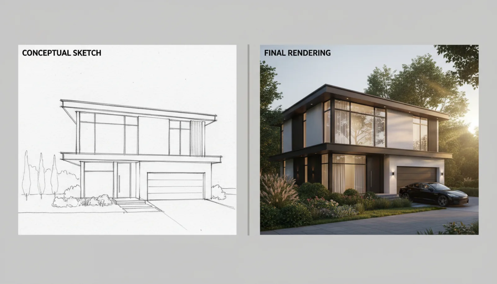 Hand-drawn architectural sketch of a modern two-story house on the left transformed into a photorealistic 3D rendering with warm lighting and detailed materials on the right