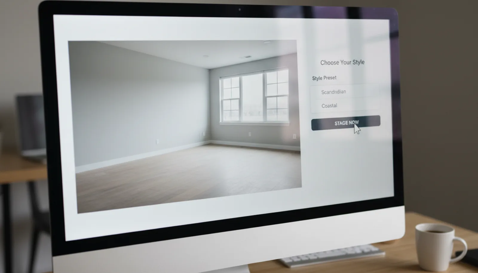AI virtual staging interface on a computer screen showing an empty bedroom photograph on the left with a dropdown of style options like Modern, Scandinavian, Coastal on the right, and a Stage Now button