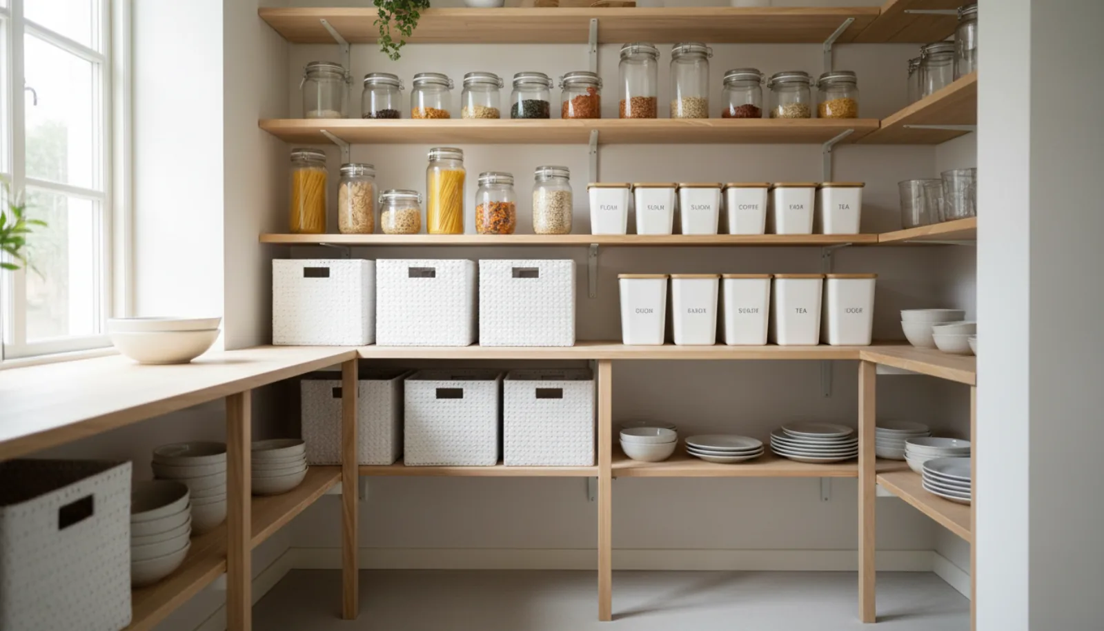 Tidy pantry with white storage baskets, glass jars of dry goods, and labeled containers neatly arranged on wooden shelves with soft natural light