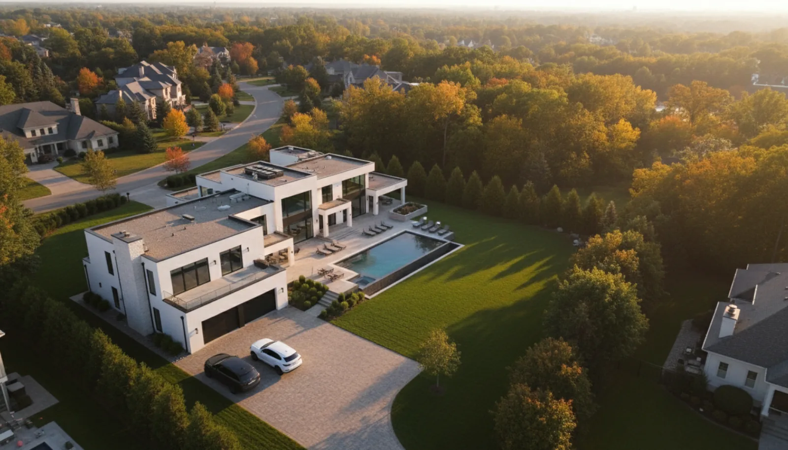Aerial drone view of a luxury suburban home at golden hour showing the property, manicured lawn, swimming pool, paved driveway, and surrounding neighborhood