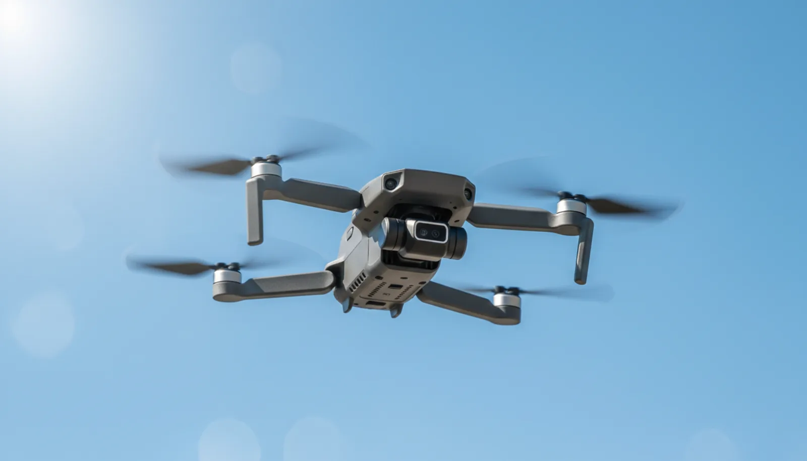 Compact DJI Mini drone in mid-flight against a clean blue sky background, propellers spinning with motion blur and gimbal camera visible