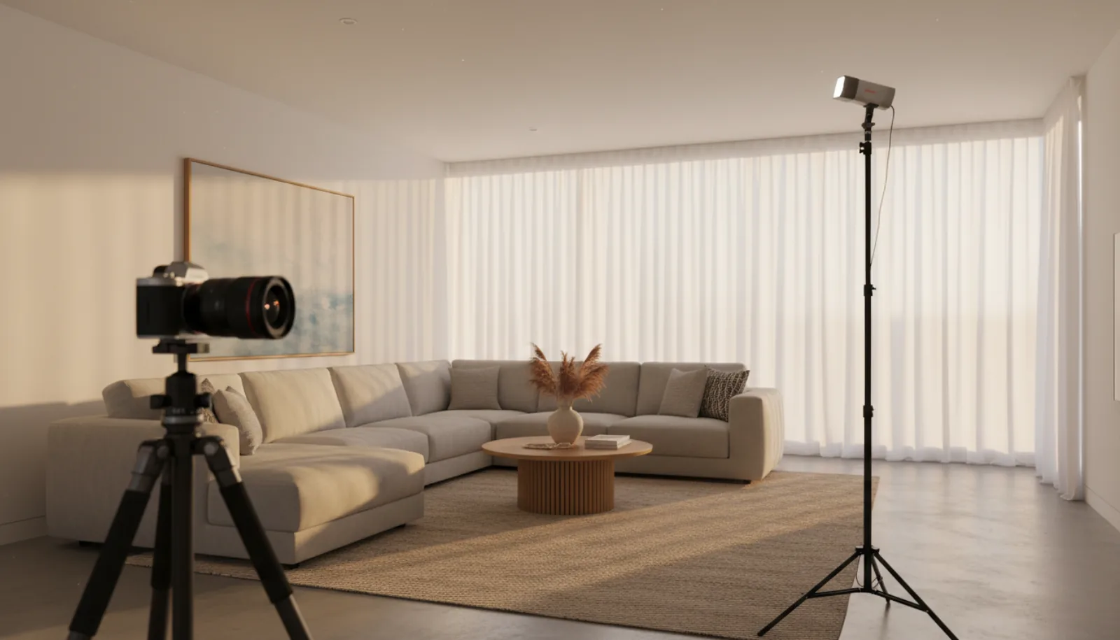 Bright modern living room with a wireless speedlight on a 7-foot light stand pointed up for ceiling bounce, mirrorless camera on tripod in foreground, golden hour light through large windows