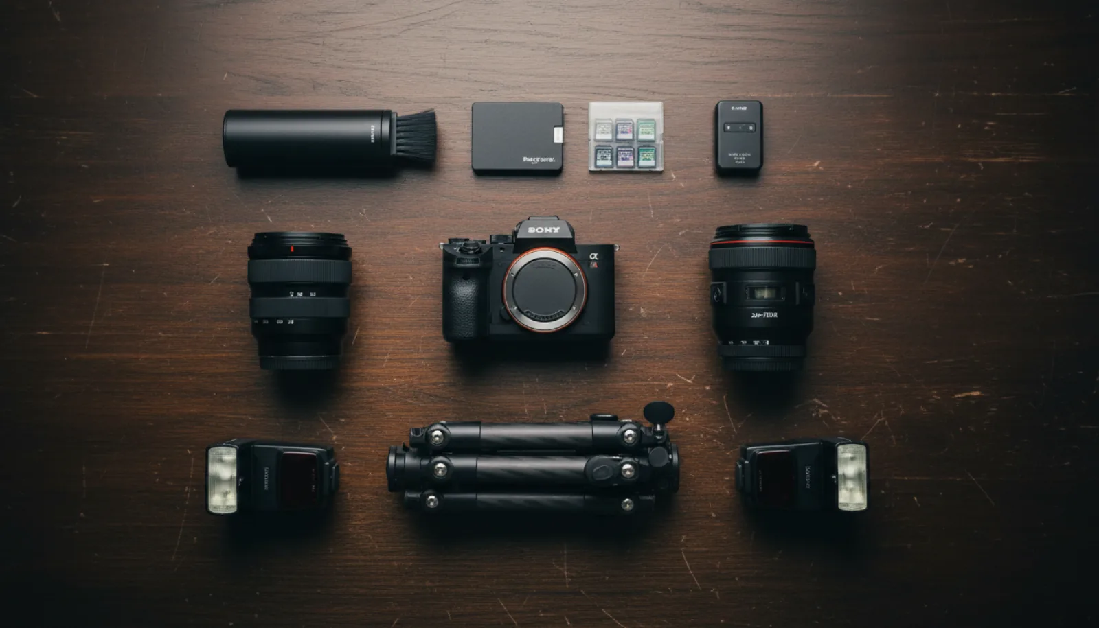 Overhead flat-lay of a complete real estate photography kit on a dark wooden surface: mirrorless camera body, wide-angle and zoom lenses, tripod, two speedlights, color checker, batteries, and accessories arranged neatly