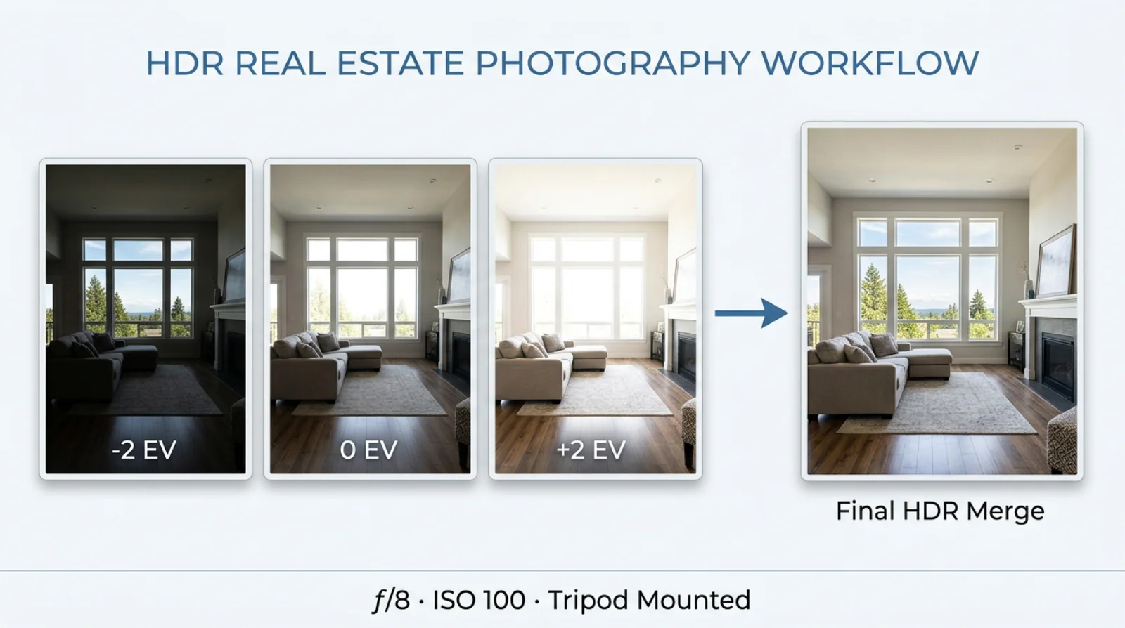 HDR real estate photography workflow: -2 EV, 0 EV, +2 EV brackets merged into a single final HDR image