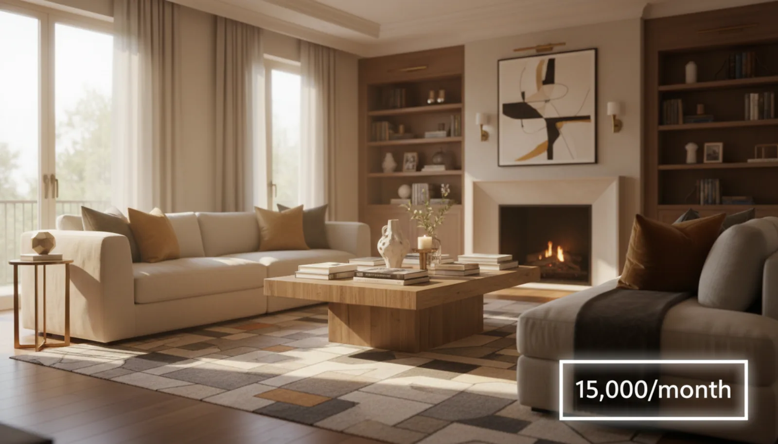 Luxury staged living room photographed for a premium real estate listing, showing the level of detail BoxBrownie's human editors deliver