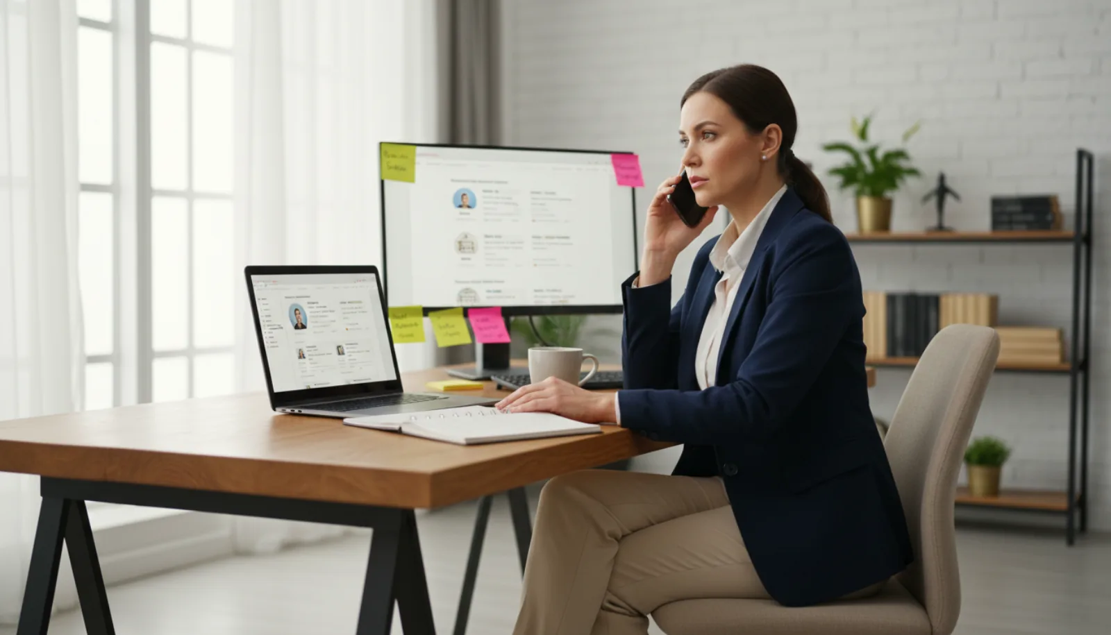 Real estate agent at a wooden desk with smartphone in hand, laptop showing a CRM database, sticky notes with handwritten leads, notebook with notes, in a bright modern home office