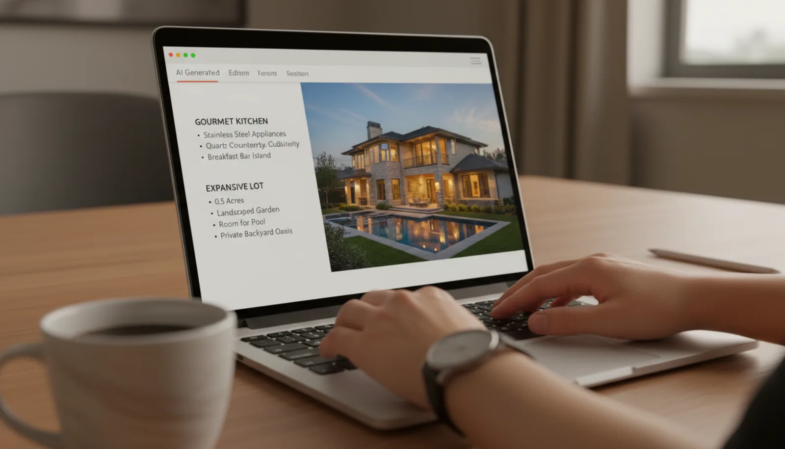Real estate agent's laptop screen showing an AI listing description editor with formatted text on the left and a property photograph on the right, hands resting on the keyboard