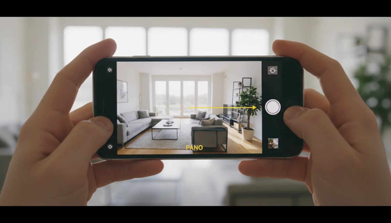 Close-up of an iPhone screen showing the native Camera app in Panorama mode mid-capture
