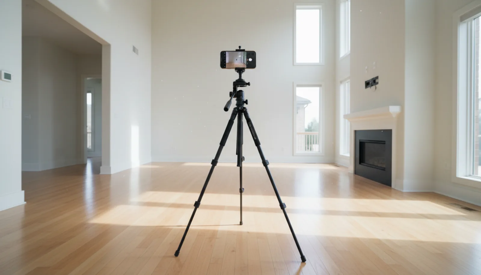 iPhone mounted on a 360 panoramic rotator tripod in the center of a real estate living room, set up for systematic capture