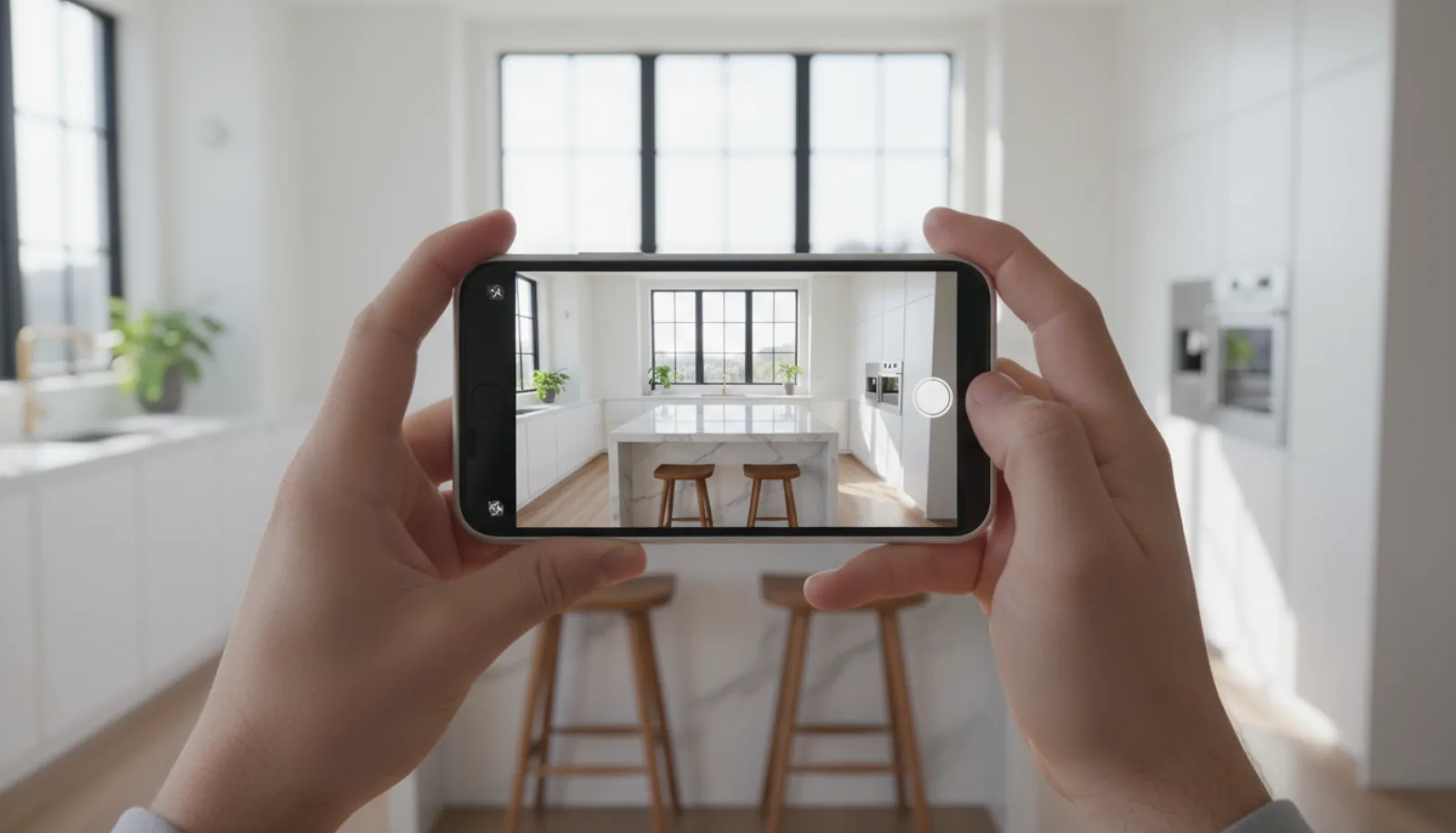 Hands holding an iPhone in landscape orientation framing a beautifully staged kitchen interior with white cabinets, kitchen island, and natural daylight from a window