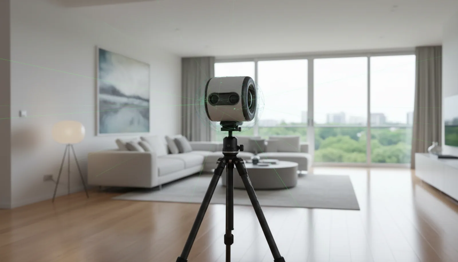 Matterport Pro 3 professional 3D scanning camera mounted on a black tripod in the center of a bright modern living room with hardwood floors, captured mid-rotation with subtle motion blur