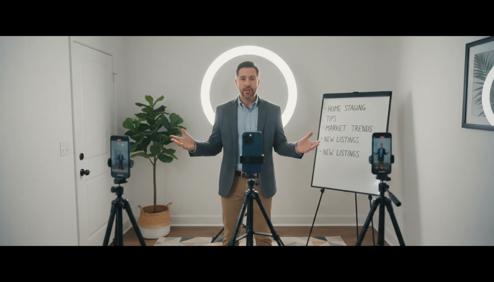 Real estate agent's home content studio: three smartphones on tripods at different angles, ring light, agent in business casual gesturing to camera, large script board with bullets visible