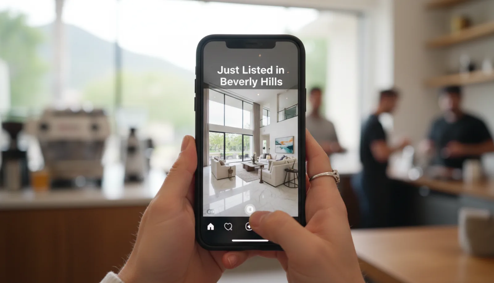 Smartphone close-up showing a real estate Reel: vertical 9:16 view of a modern home interior with 'Just Listed in Beverly Hills' text overlay, hands holding the phone in a slightly blurred coffee shop background