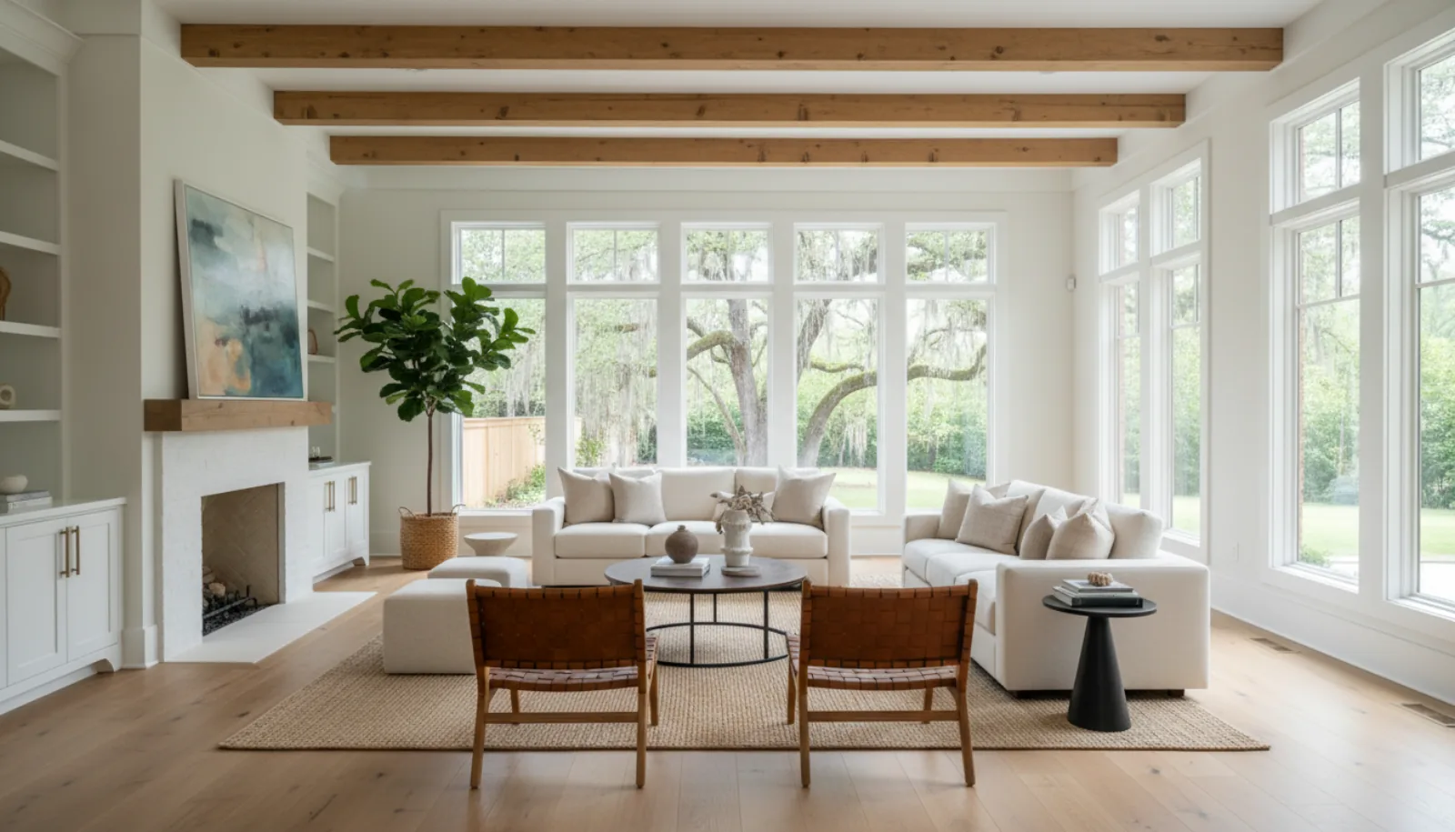 Modern Georgia craftsman home interior — bright sunlit open-concept living room with hardwood floors, exposed beams, staged for listing photography