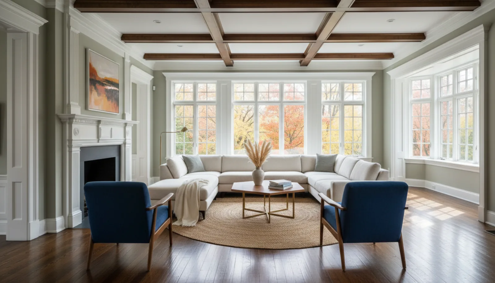 Massachusetts colonial home interior with hardwood floors, period architecture, modern staged furniture, large windows showing autumn trees outside — MLS-ready listing photography