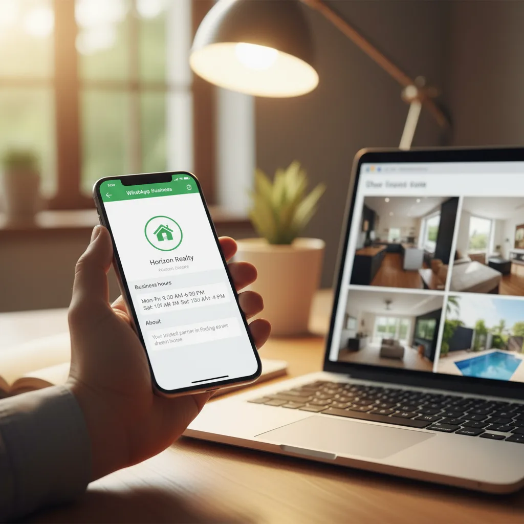 A real estate agent setting up a WhatsApp Business profile on a phone next to a laptop showing listing photos.