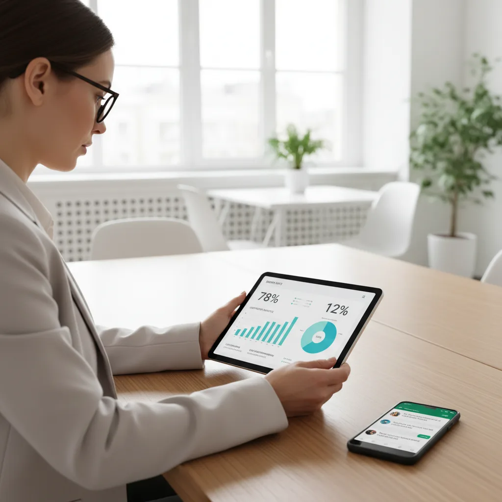 An agent reviewing a tablet dashboard showing WhatsApp reply rate, response time, and showing conversion metrics.
