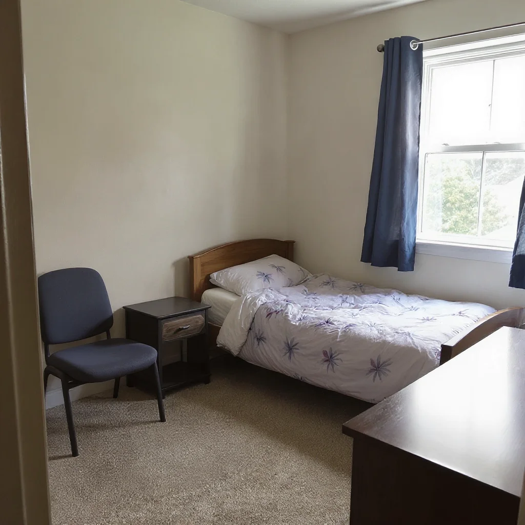 AI photo declutter use case — occupied bedroom listing photo depersonalized and stripped of clutter for MLS, Zillow, and Airbnb relisting by BrightShot