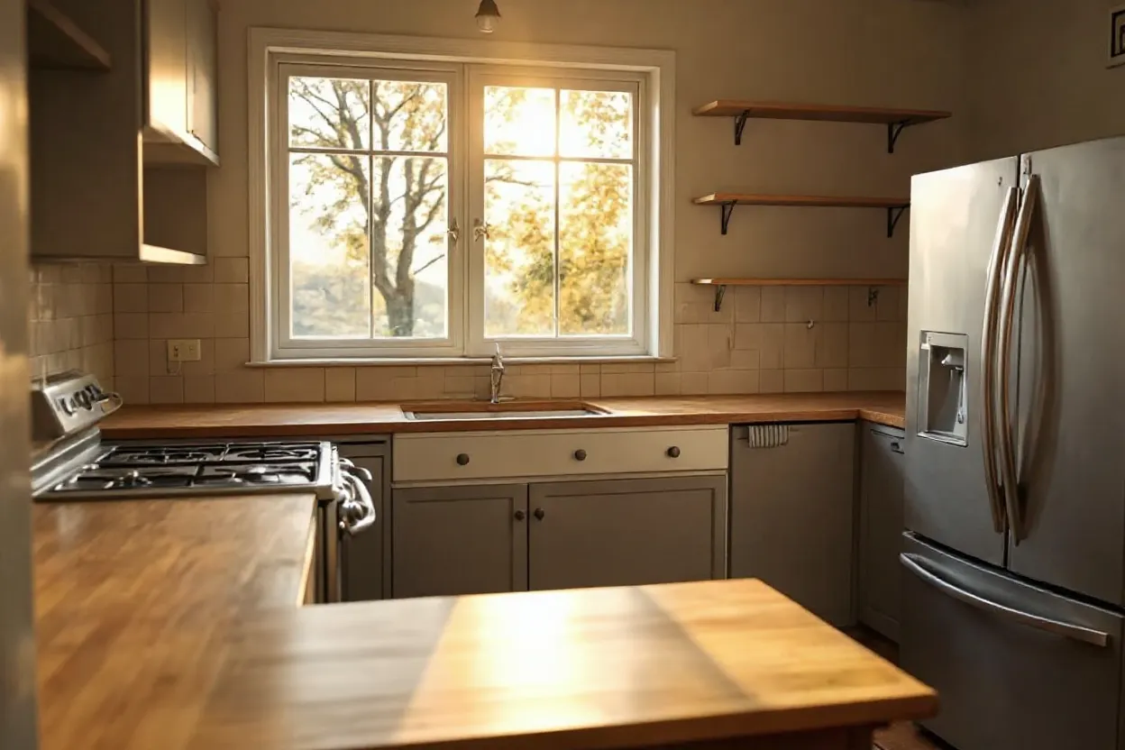 AI photo editor for real estate — cluttered kitchen listing photo cleaned by BrightShot's virtual destaging model, ready for MLS upload without Photoshop or clone-stamp work