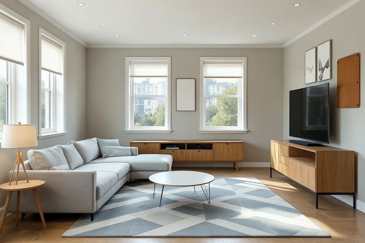 AI furniture removal example — occupied living room listing photo virtually destaged into an MLS-ready vacant room by BrightShot's real estate photo editor