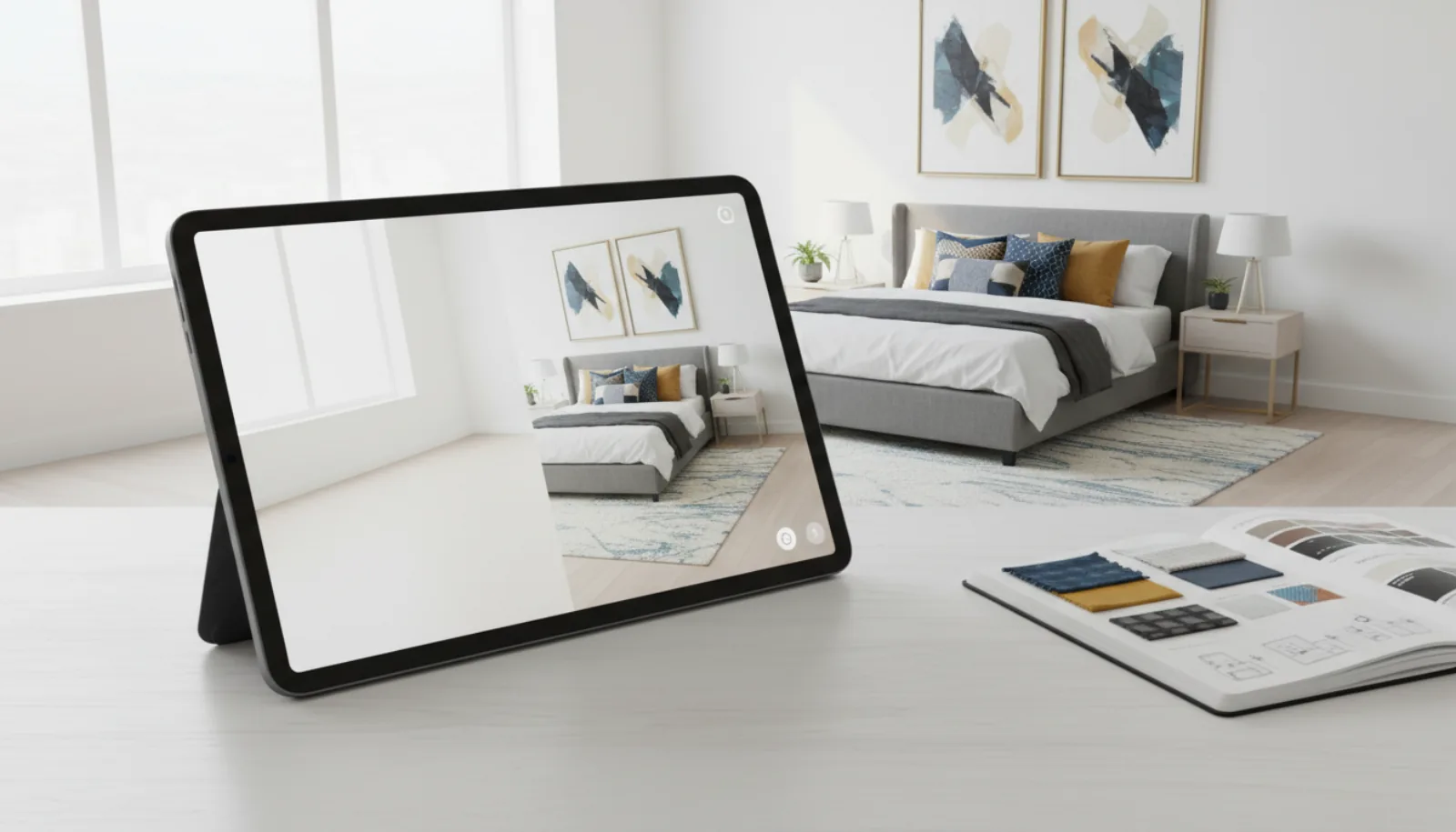 Tablet screen showing AI home design app with split-screen view of an empty bedroom and an AI-styled designed bedroom with modern furniture and decor